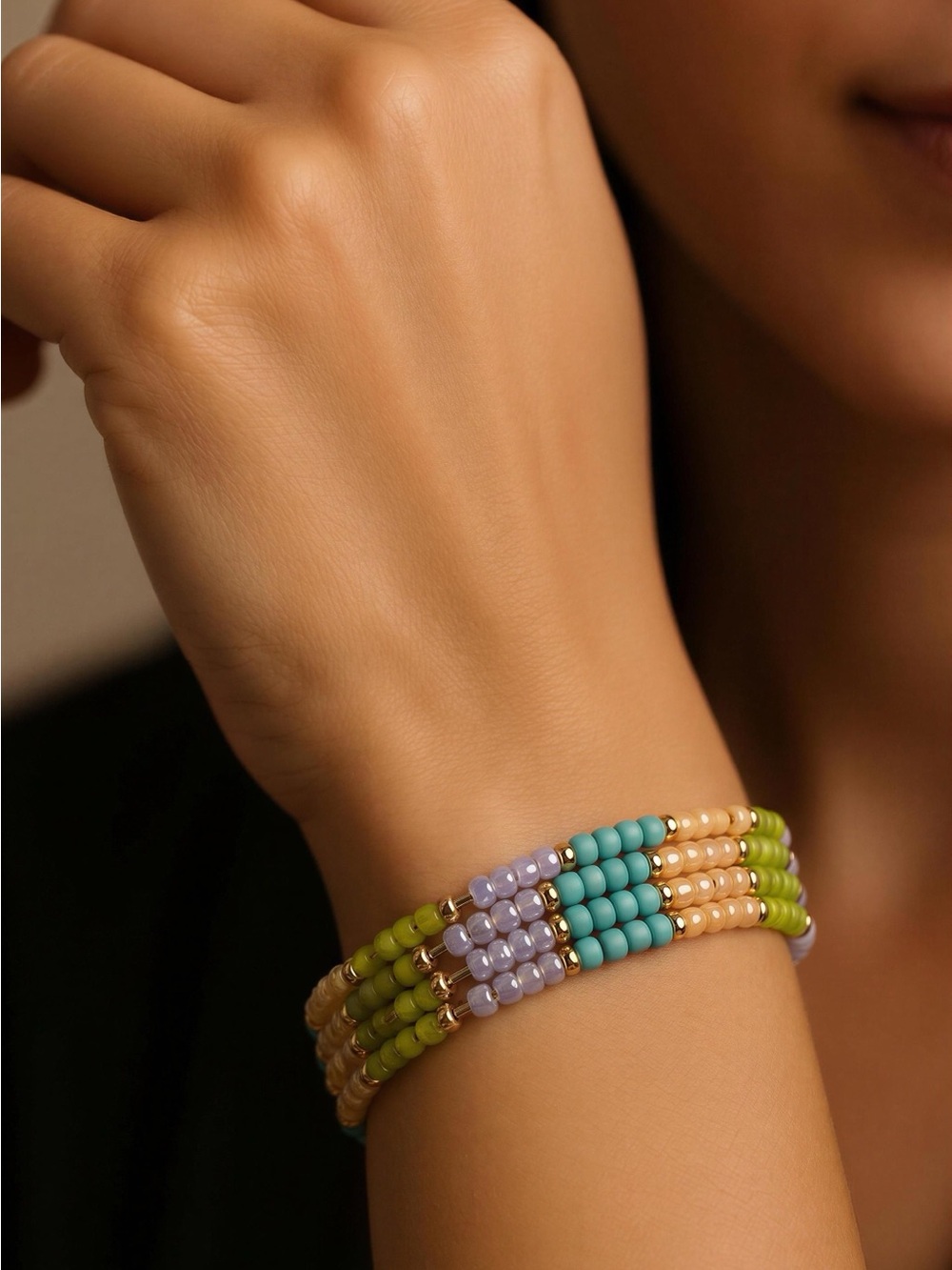 Multicolor Beaded Stretch Bracelet in Turquoise, Lilac & Lime
